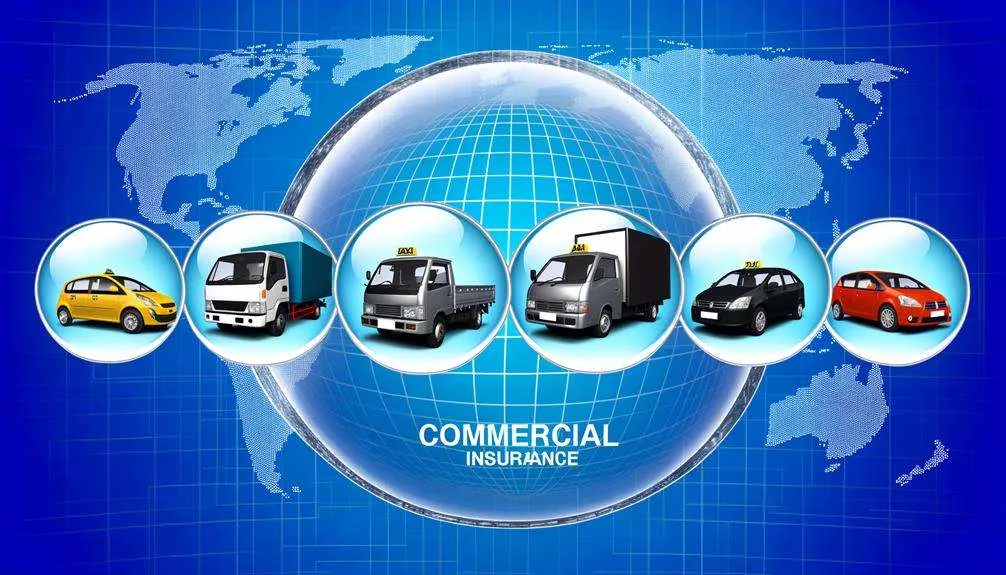 A fleet of commercial vehicles, including trucks and vans, parked in a well-lit depot at dusk. In the foreground, a clipboard with insurance documents and a pen symbolizes policy agreements. The background features a subtle cityscape, representing urban business operations, with a professional color scheme of blue and white conveying trust and reliability.